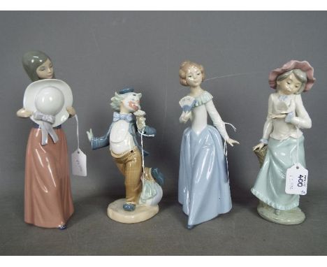 A Lladro figurine # 5007 'Bashful Girl With Straw Hat' and three Nao figurines, largest approximately 25 cm (h). [4]