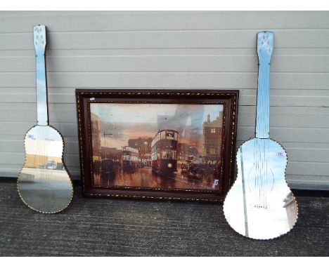 A pair of decorative wall mirrors in the form of acoustic guitars, approximately 102 cm x 35 cm and a framed Don Breckon prin