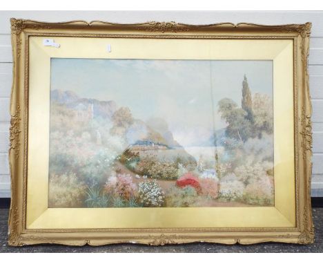 R Hollands Walker, a watercolour landscape depicting an ornamental garden on an Italian lake, mounted and framed under glass,