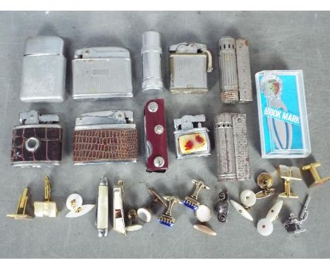 Mixed lot of collectables to include vintage lighters, vesta case, penknife, cufflinks and similar.