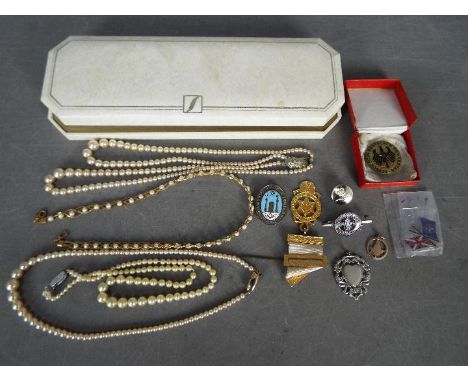 Lot to include pearl necklaces and a quantity of badges / medallions including a silver 'With Thanks' scout badge, a, Order o