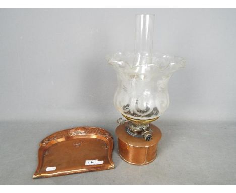 A Hinks & Sons oil lamp, 39 cm (h) and a Joseph Sankey copper crumb tray. [2]Condition Report: The shade has one chip to the 