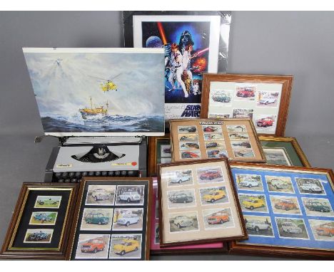 A framed Star Wars print and a quantity of framed cigarette cards / trade cards, predominantly motoring related and a portabl