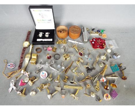 Lot to include cufflinks, tie pins, pin badges, silver hallmarked gentleman's ring, size W+½, pocket knife, two lady's wristw