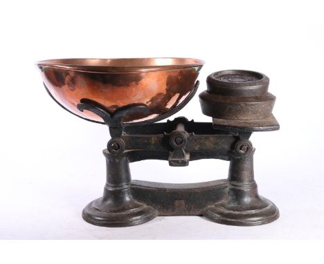Cast iron balance scales with copper bowl and weights by Crane of Wolverhampton, A K &amp; Sons and others. 