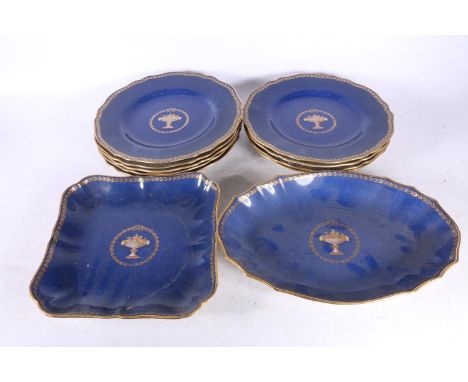 Copeland Spode gilt blue and urn decorated part dessert set, retailed by Heal &amp; Sons of London. 