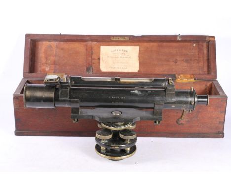 A Adie &amp; Son of Edinburgh surveyors level theodolite in original wooden case with paper label, mahogany case 48cm long. 