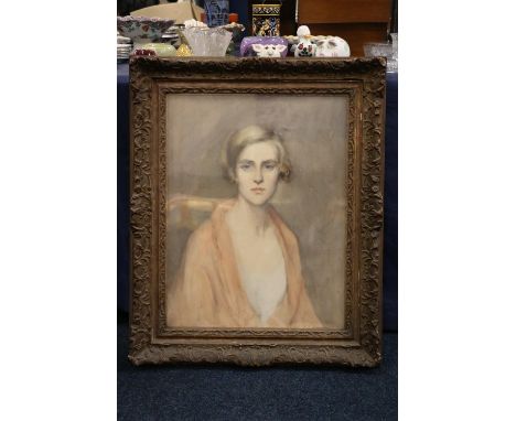 E HARRISON  Half length portrait of a lady wearing salmon pink gown  Watercolour, signed lower right, 64cm x 49cm, gilt frame
