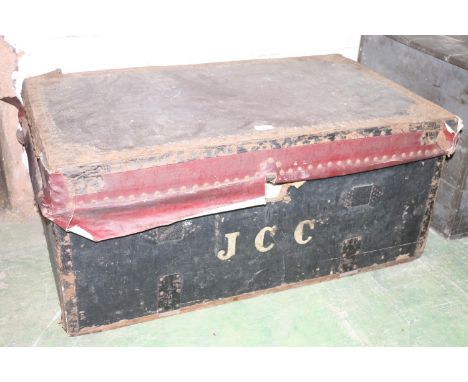 Vintage metal bound trunk, 87cm long. 