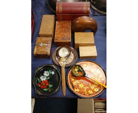 Group of treen items to include Russian lacquered items, a gilded leather dome top box, South African elephant model etc. 
