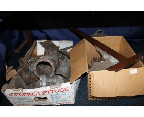 Two boxes containing antique jelly moulds, tools, etc. 