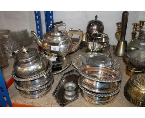 Silver-plated ware to include four wine slides, an egg epergne, two teapots, salvers, etc. 