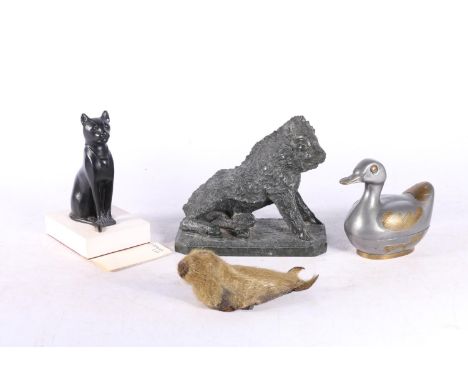 Italian grand tour carved serpentine model of a boar, an Egyptian cat model, seal paperweight and a metal bird box. (4) 
