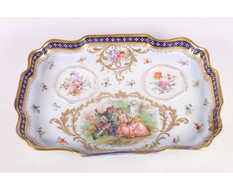 Meissen Dresden porcelain desk stand, hand-painted with central vignette of classical figure playing lute, 24cm long, painted
