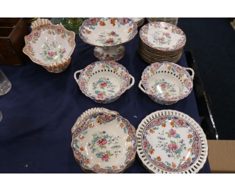 Spode floral decorated pattern #3184 pottery part dinner set to include a pair of twin-handled baskets with reticulated band,