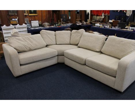 Cream upholstered corner sofa, stool and chair.  Needs professionally cleaned, damp musty smell. Cat scratches to one side.So