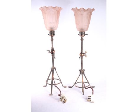 Pair of Benson style gimble table lights with Art Deco style frosted pink moulded glass shades, 49cm tall.  Lamp 1 Shade appe