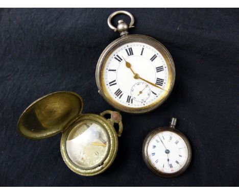 Silver pocket watch, a fob watch lacking case back (A/F) and  a pocket compass (A/F)
