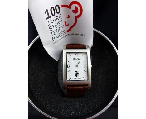 Originally boxed stainless steel Steiff gents wristwatch with leather strap 