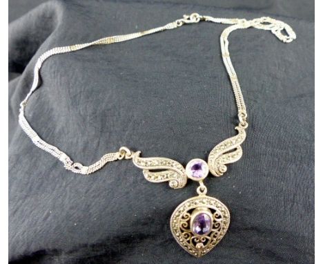 Sterling silver amethyst set marcasite pendant and chain