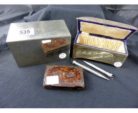 Silver plated casket with padded lid and pierced design sides and a white metal lidded box with two plated propelling pencils