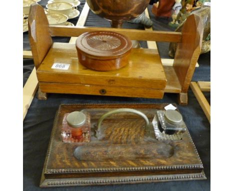 Book shelf, box, trinket box and oak desk tidy with glass inkwells