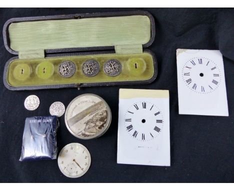 Cased silver buttons 3/6 missing, two carriage clock dials and an Elgin pocket watch dial