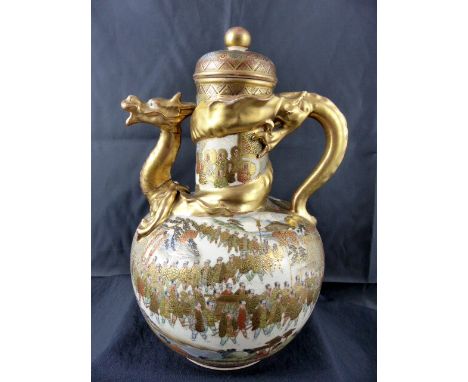 Oriental satsuma teapot with gilded dragon handle and detailed procession scene to body. A/F. H: 23 cm