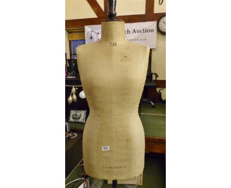 Vintage fabric female torso mannequin on iron frame labelled RD Franks, Oxford Circus, London. H: 170 cm
