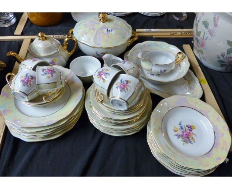 Complete dinner and tea service for six by Thun in a pink and lemon lustre and floral design, including tureen as new, 42 pie