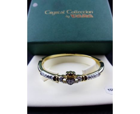 Boxed yellow metal and crystal cuff bangle by Tara
