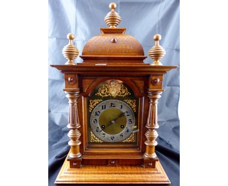 Large wood cased mechanical bracket clock with gilt ormelu decoration. Key and pendulum present