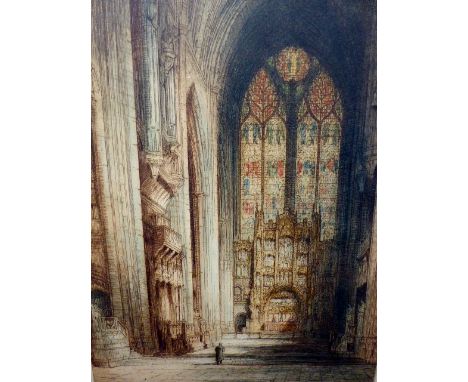 Framed original hand tinted lithograph of Liverpool Old Cathedral signed lower right margin J.Alphege Brewer. 29 x 44 cm
