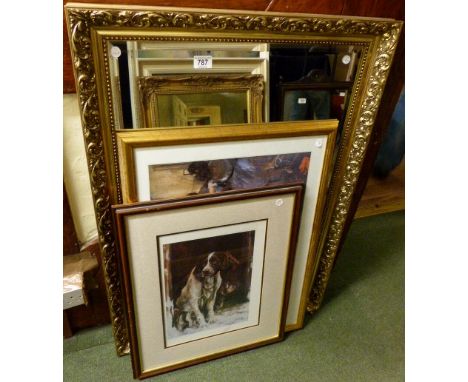 Two framed and glazed prints and giltwood framed bevelled edge mirror