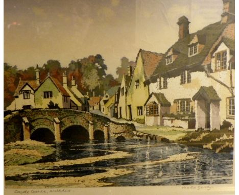 Artists proof print of Castle Coombe, Wiltshire by Martin Garvey signed in margin in pencil. 35 x 28 cm