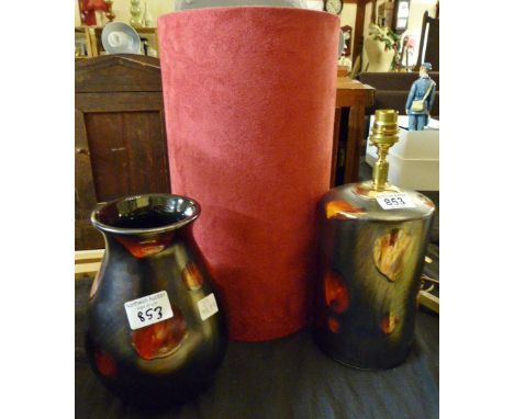 Modern Poole ceramic vase and matching lamp with shade in brown and orange satin design. Vase H: 22 cm, Lamp base only H: 31 