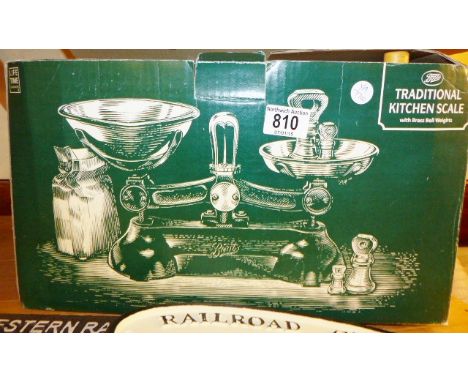 Boxed set of Boots traditional kitchen scales with weights and stand.
