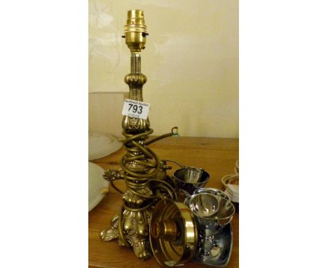 Good brass table lamp with matching brass wall light and small quantity of church silverplate