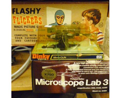 Selection of vintage toys ~ Dinky toys 88mm Gun 656 in box, microscope, Flashy Tickers magic gun etc