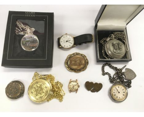 An 18ct gold cased watch, fob watch on a silver chain and other watches etc.