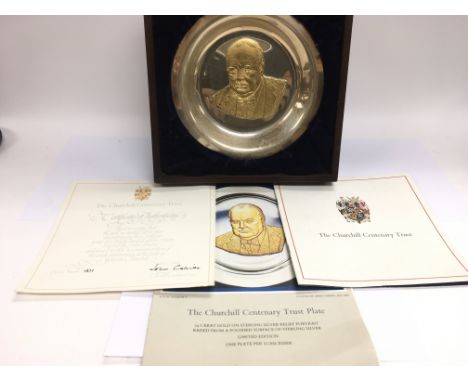 A cased limited edition Churchill Centenary Trust plate depicting a 24ct gold on sterling silver relief portrait of Winston C