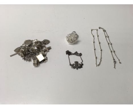 Silver charm bracelet, floral ring, Thistle pendant and 2x bracelets. Total approx 71g