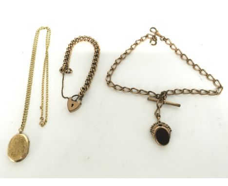 9ct gold fob on a gold plated Albert chain and long with a gold plated bracelet and locket.