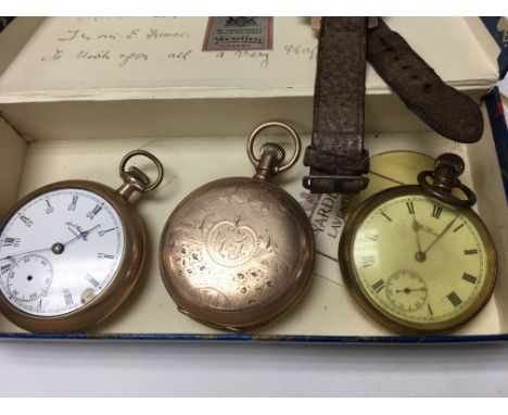 Three gold plated pocket watches and Gents wristwatch.