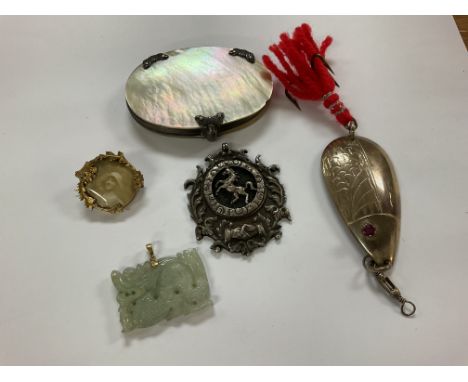 Mixed lot to include a silver gilt fish hook pendant lure set with ruby eyes, mother of pearl magnifying glass, A 14ct gold a