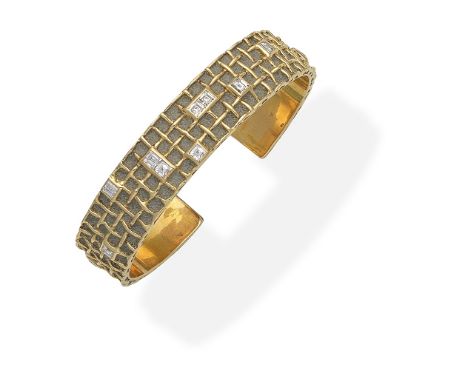 PATRICE FABRE: DIAMOND AND CONCRETE BANGLE, CIRCA 1985Of lattice design, filled with concrete and accented with square step-c