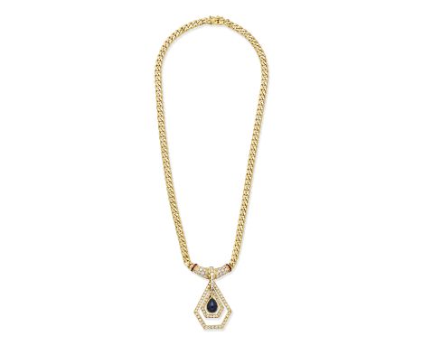 DIAMOND, SAPPHIRE AND RUBY-SET NECKLACEThe pendant set with a pear-shaped sapphire cabochon, brilliant and baguette-cut diamo