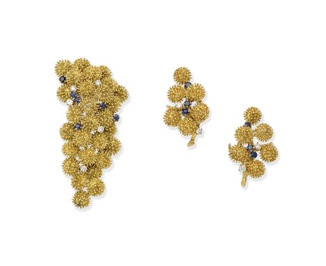 BOUCHERON: SAPPHIRE AND DIAMOND BROOCH AND EARCLIP SUITE, CIRCA 1965The brooch designed as an abstract series of clusters, de
