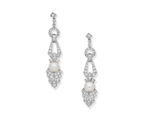 CULTURED PEARL AND DIAMOND PENDENT EARRINGSOf articulated, geometric design, set with single-cut diamonds and a 7.0mm culture