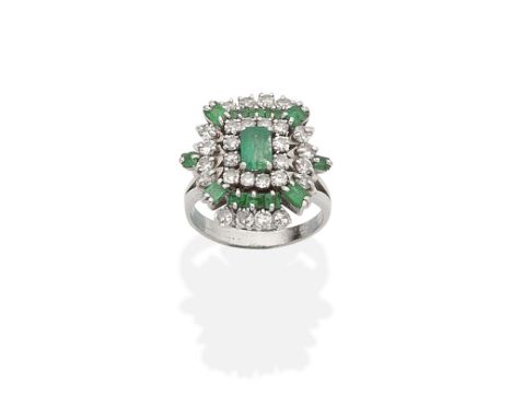 EMERALD AND DIAMOND CLUSTER RINGSet with step-cut emeralds and single-cut diamonds, diamonds approx. 1.00ct total, ring size 